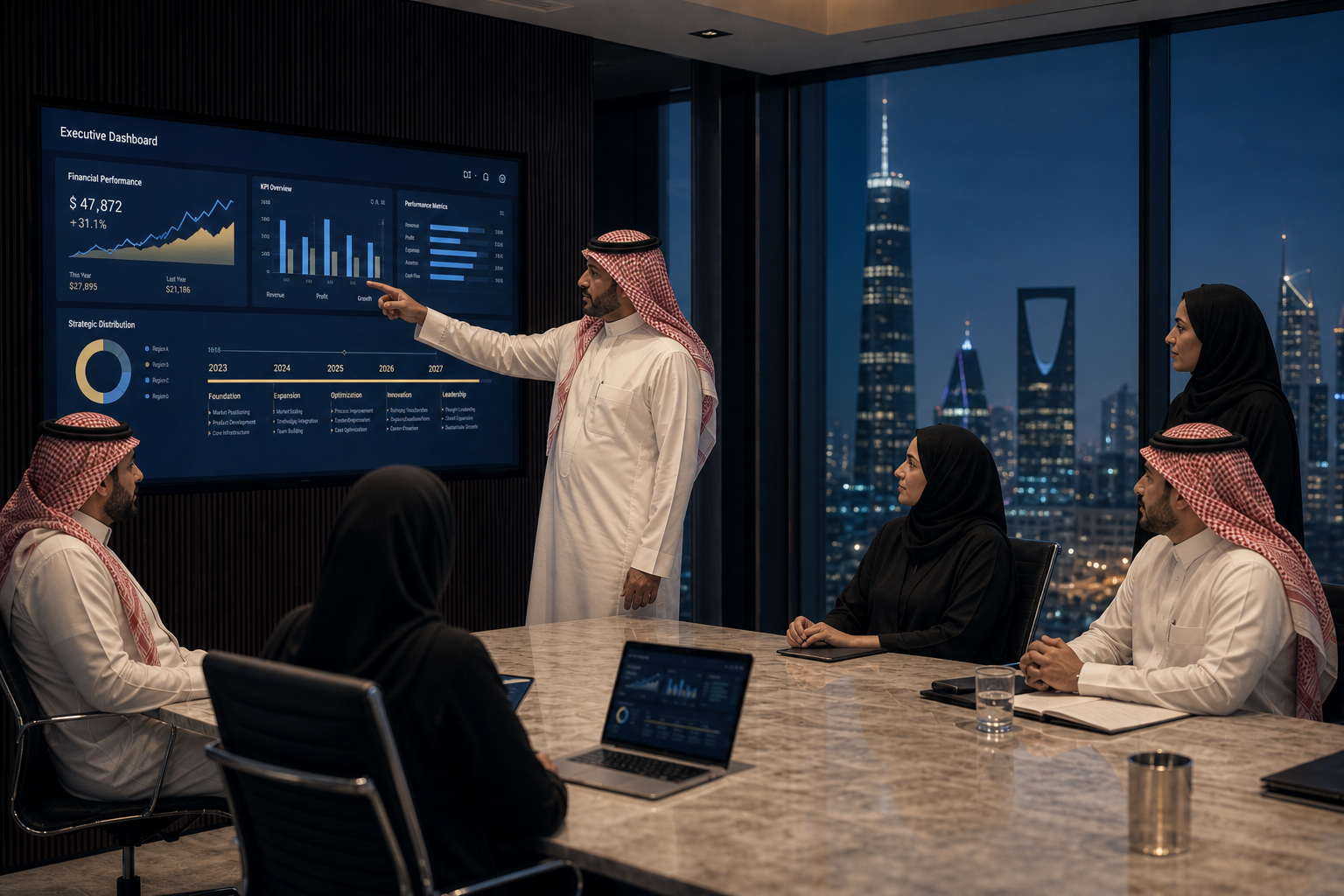 اجتماع تنفيذي في غرفة اجتماعات حديثة مع شاشة تعرض مؤشرات الأداء
