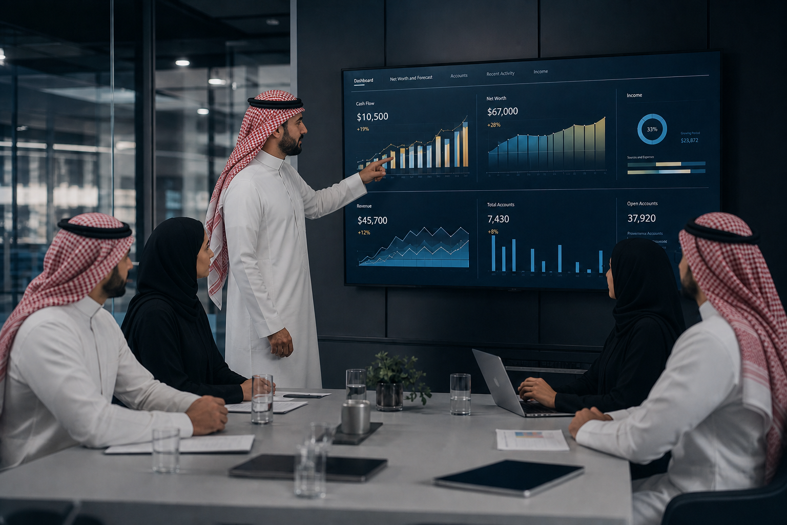 فريق عمل يناقش لوحة مؤشرات الأداء على شاشة كبيرة